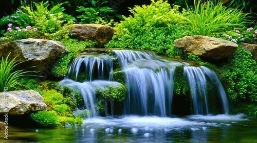 Peaceful waterfall flowing over mossy rocks, nestled in vibrant greenery, creating a tranquil and calming nature scene