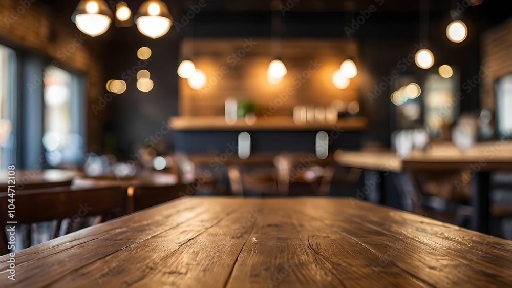 Empty wooden table in focus with a blurred coffee shop setting in the background. Empty wooden table in focus with a blurred coffee shop setting in the background.