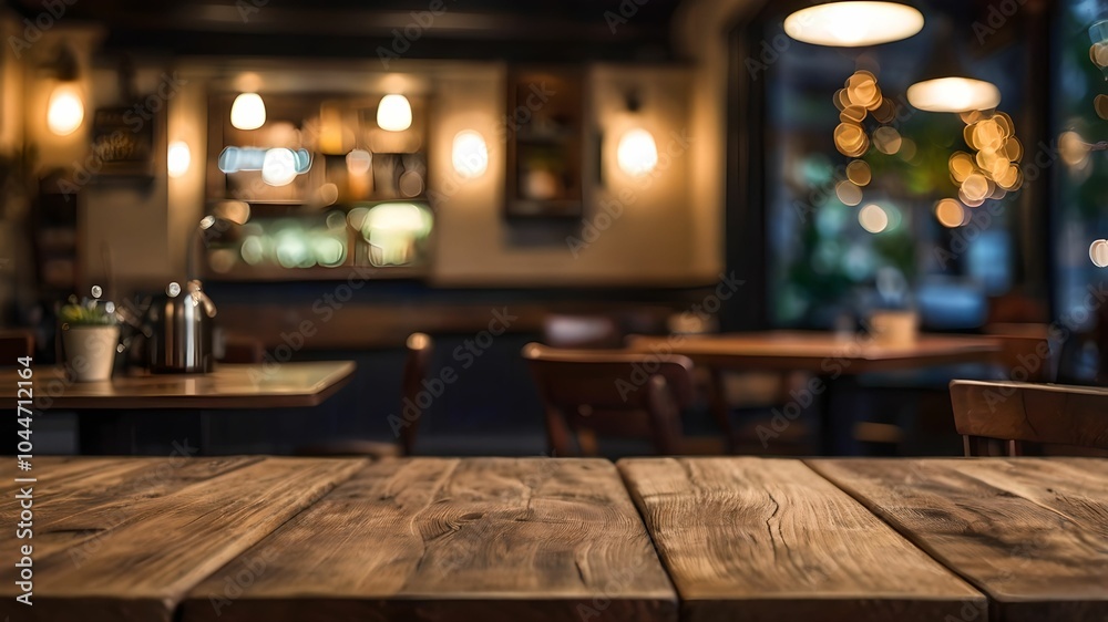 Empty wooden table in focus with a blurred coffee shop setting in the background. 