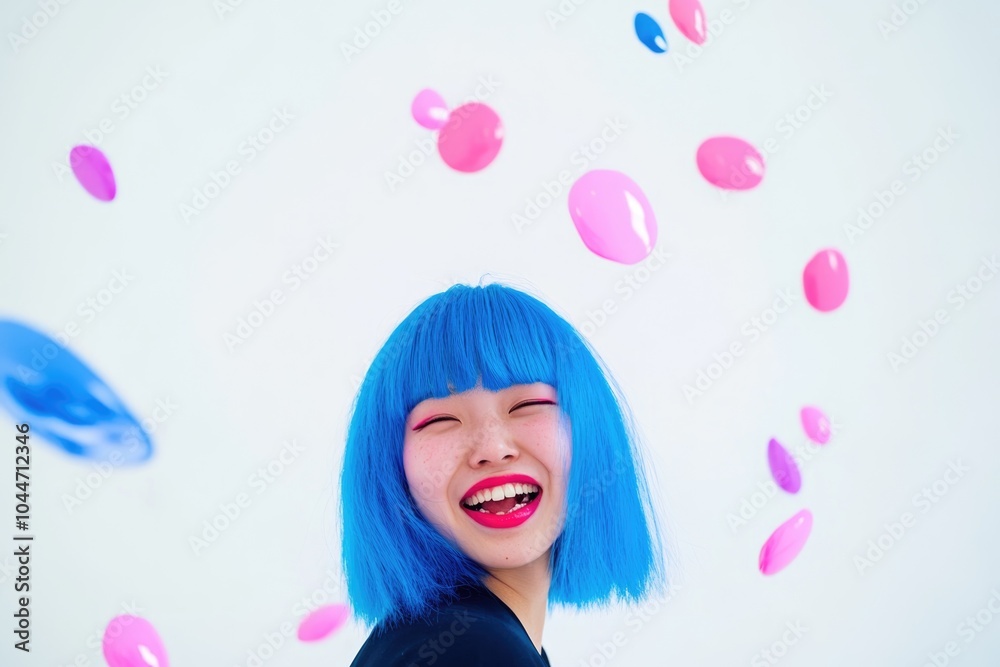 Minimalist Portrait of a Joyful Asian Woman with Blue Hair and Vibrant Balloons Minimalist Portrait of a Joyful Asian Woman with Blue Hair and Vibrant Balloons