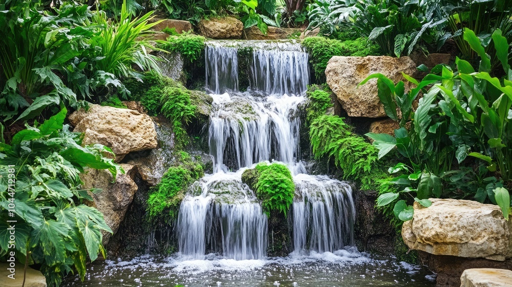 Waterfall flowing over moss-covered rocks, surrounded by lush green plants, creating a tranquil and serene natural scene Waterfall flowing over moss-covered rocks, surrounded by lush green plants, creating a tranquil and serene natural scene