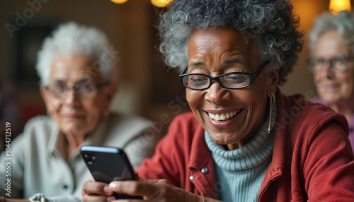 Elderly Black Woman Smiling at Phone with Friends