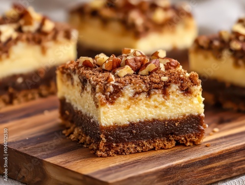 Decadent baked dessert crowned with crunchy chopped nuts for a delightful texture and flavor.