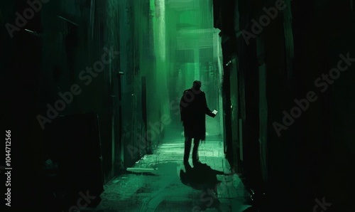 Silhouette of person in a dark alleyway.