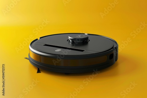 Robot vacuum cleaner on a bright yellow background during a product showcase