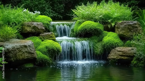 A peaceful waterfall cascading over moss-covered rocks, with vibrant greenery all around, capturing the serenity of nature