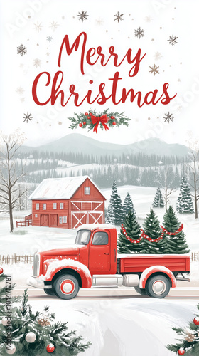 Vintage red pickup truck transporting christmas trees on a snowy rural road with a red barn and mountains in the distance