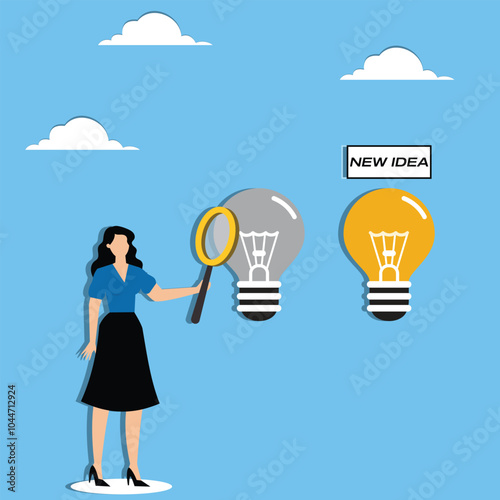 Discover insight or intelligence solution, best result or outcome, solving or finding solution, search new innovation, opportunity or invention, research concept, businesswoman find new lightbulb