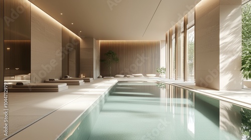 Modern wellness facility showcasing a serene pool and minimalist decor, with space for messaging on the left