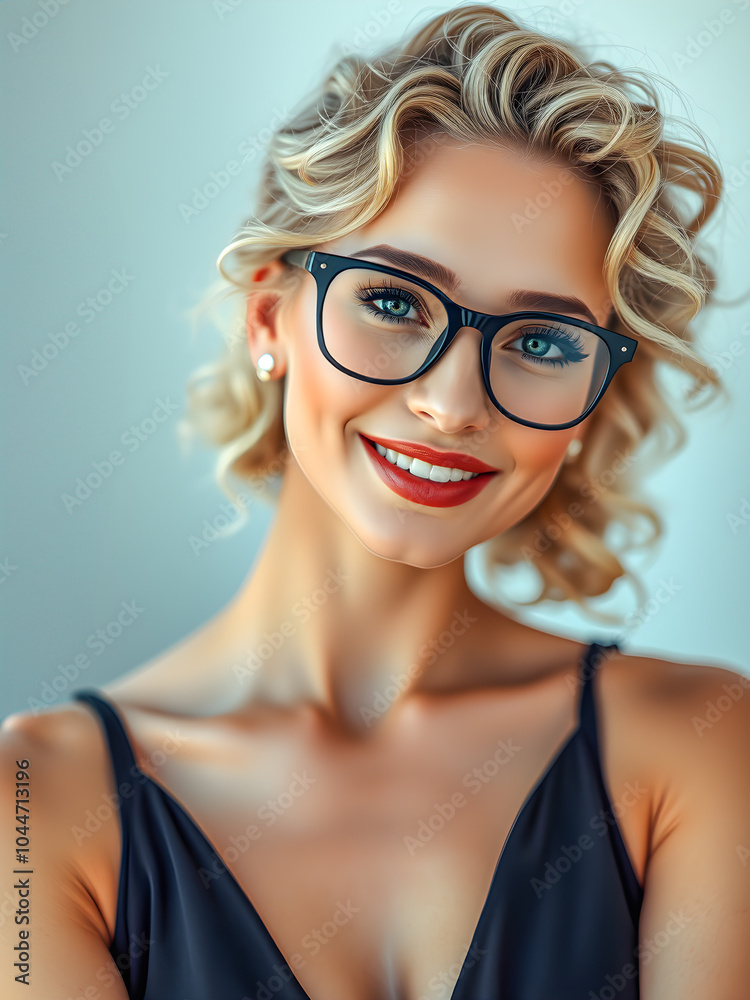 Sexy curly hair blonde woman with glasses is smiling and looking at the camera on white isolated background. Beauty portrait, charming attractive sensual in loose top, skincare. Ai generated Sexy curly hair blonde woman with glasses is smiling and looking at the camera on white isolated background. Beauty portrait, charming attractive sensual in loose top, skincare. Ai generated