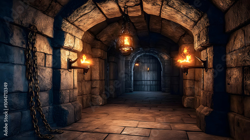 Dimly lit medieval dungeon room with eerie atmosphere, stone walls, ceiling, and floor, illuminated by flickering fire torches. Chains hang ominously from the walls in this haunted fantasy castle