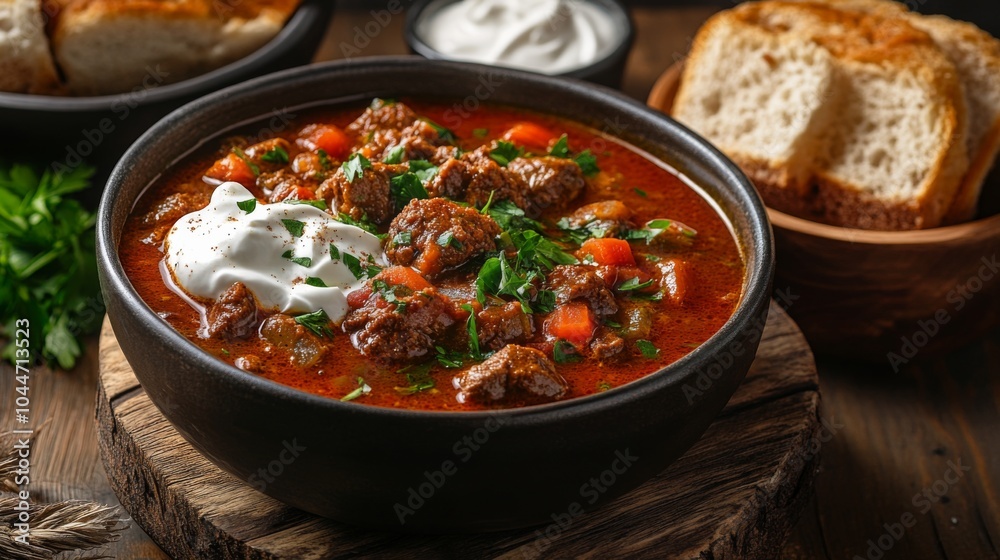 Goulash with Sour Cream on a Wooden Table Setting Goulash with Sour Cream on a Wooden Table Setting