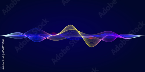 Soundwave digital audio equalizer frequency illustration, colorful abstract wave lines glowing on dark background