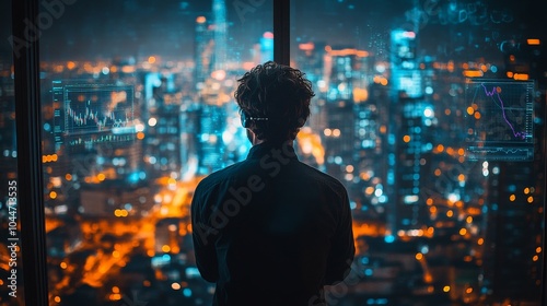 Businessman Analyzing Data on Digital Screens with City Skyline Background