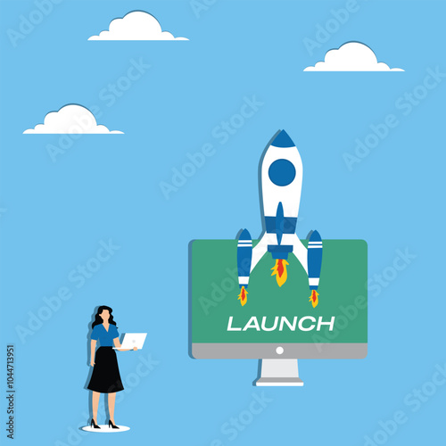 Solopreneur solo entrepreneur, working alone or startup business owner, founder or entrepreneurship, independent developer, freelancer concept, woman entrepreneur launching company rocket alone