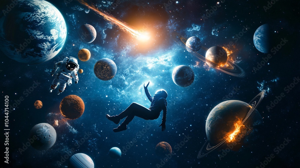 Obraz premium Astronaut Floating Among Planets in Outer Space