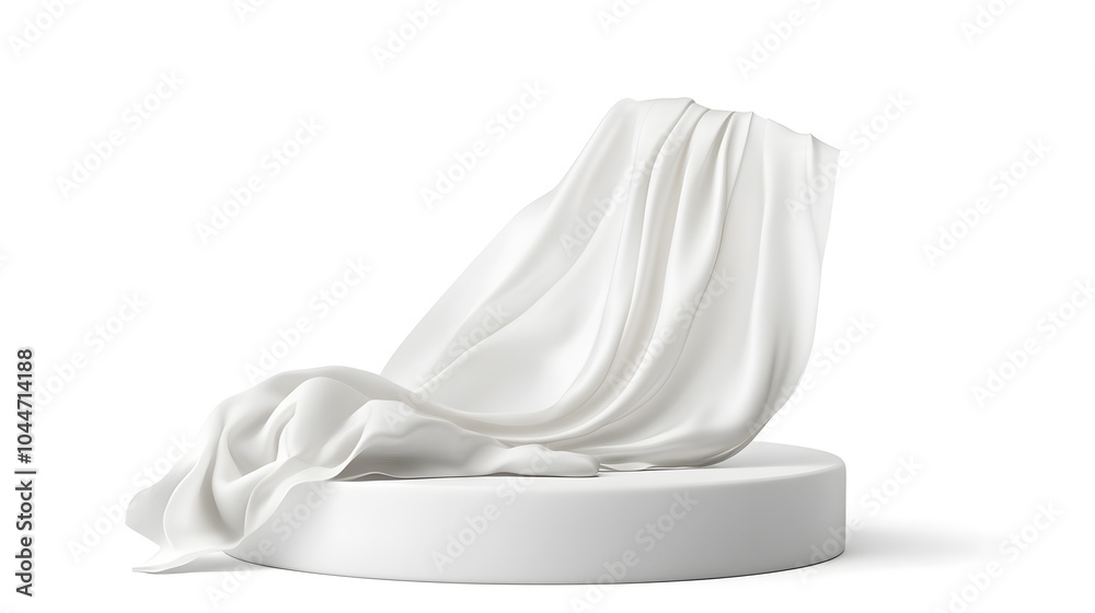 Podium covered with a piece of white silk drapery fabric, podium for product cosmetic presentation creative mock up 3d illustration Podium covered with a piece of white silk drapery fabric, podium for product cosmetic presentation creative mock up 3d illustration