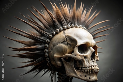 Tilted angle punk skull with spiked mohawk and piercings photo