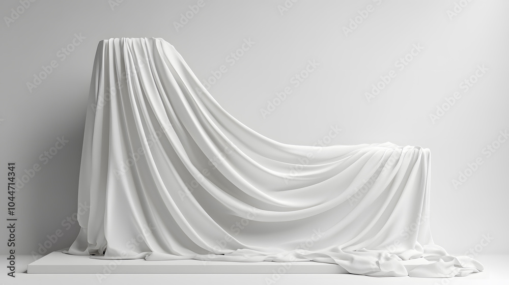 Podium covered with a piece of white silk drapery fabric, podium for product cosmetic presentation creative mock up 3d illustration Podium covered with a piece of white silk drapery fabric, podium for product cosmetic presentation creative mock up 3d illustration