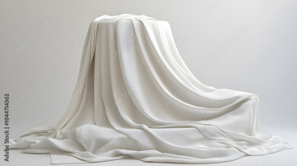 Podium covered with a piece of white silk drapery fabric, podium for product cosmetic presentation creative mock up 3d illustration Podium covered with a piece of white silk drapery fabric, podium for product cosmetic presentation creative mock up 3d illustration
