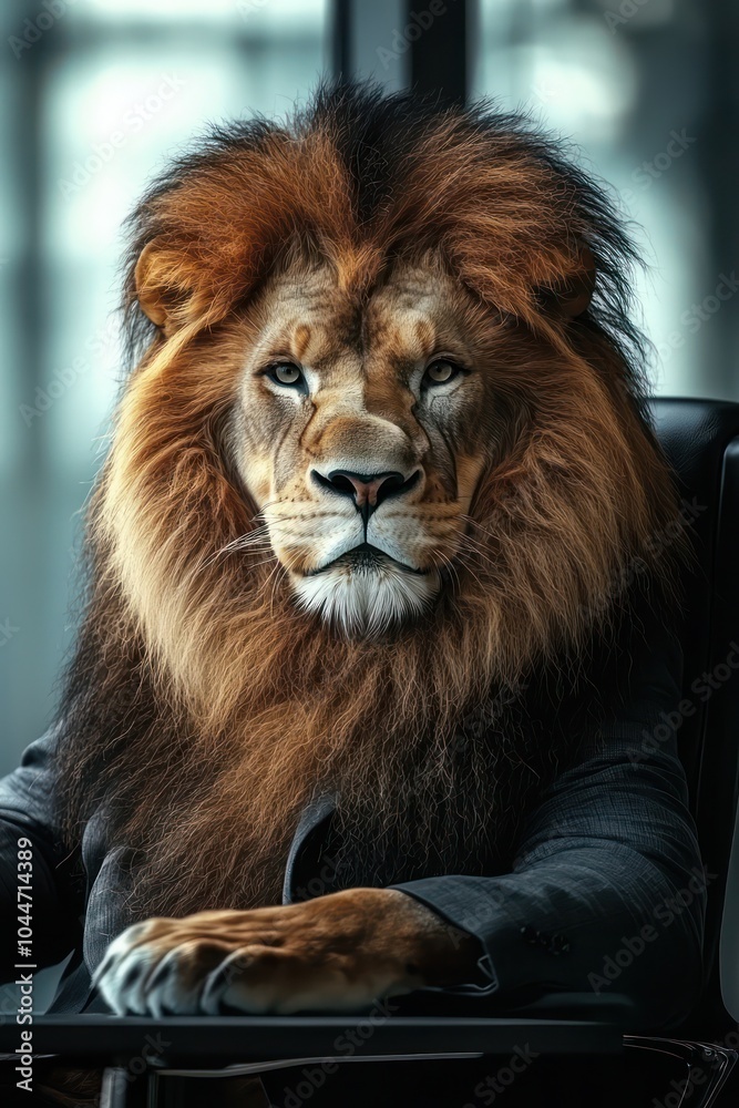 An authoritative lion in a business suit at the head of a boardroom table. An authoritative lion in a business suit at the head of a boardroom table.