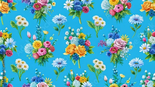 Tilted angle seamless pattern of blue background with flowers