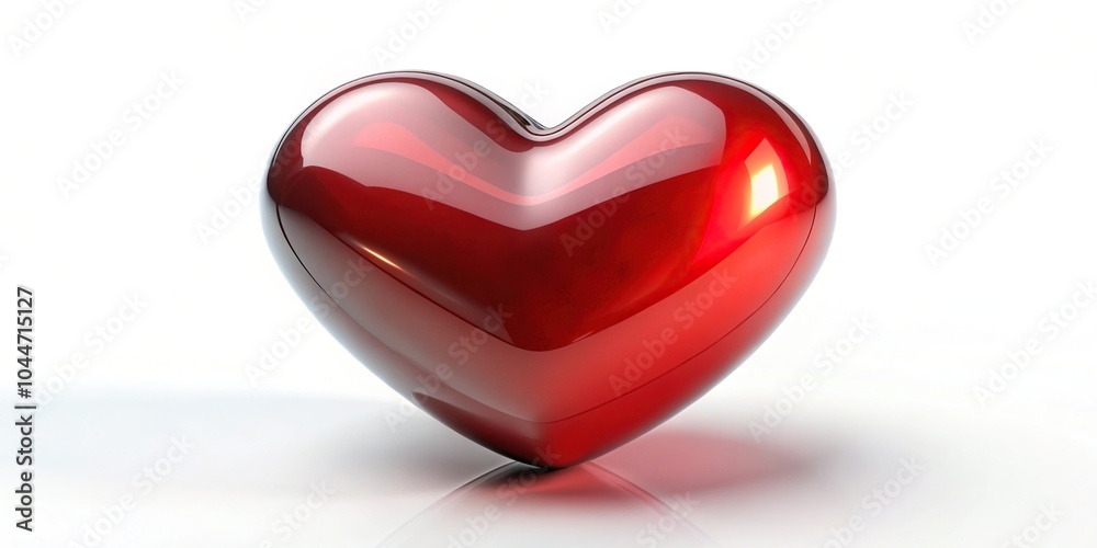 Tilted angle shiny red heart shaped object with reflective surface and textured details on white background Tilted angle shiny red heart shaped object with reflective surface and textured details on white background
