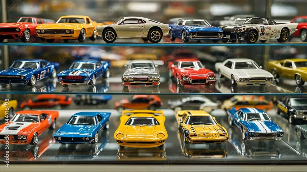 A display case with several rows of small model cars in a store A display case with several rows of small model cars in a store