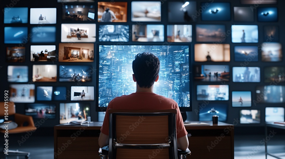 Person Seated in Room Surrounded by Mirrors and Images Person Seated in Room Surrounded by Mirrors and Images