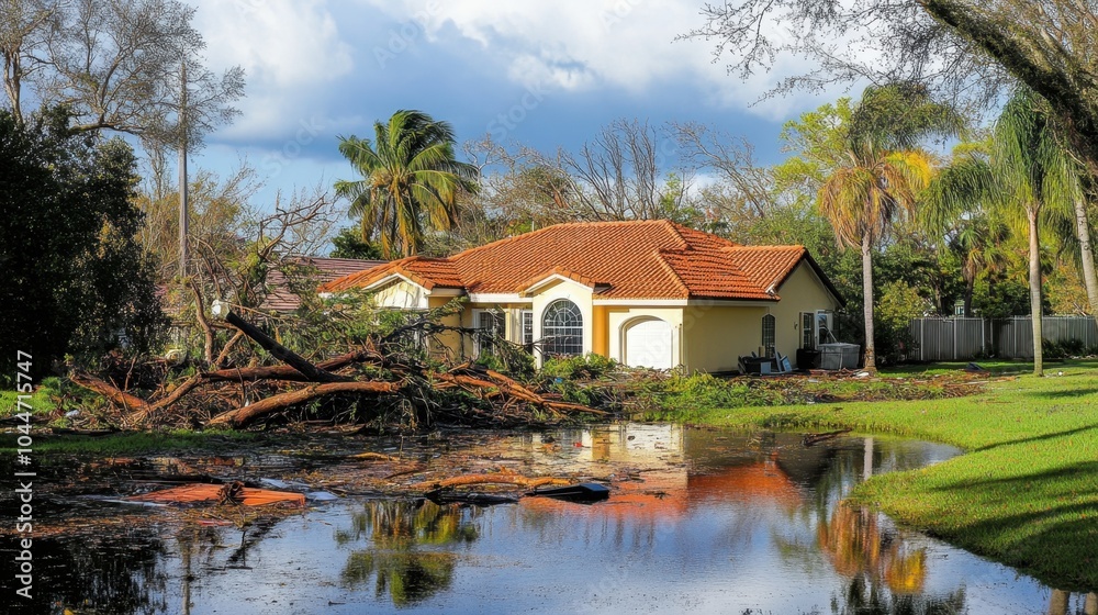 Fototapeta premium Florida storm damage in an affluent neighborhood, highlighting roof damage, fallen trees, and water-soaked property. A vivid depiction of the storm's destructive force