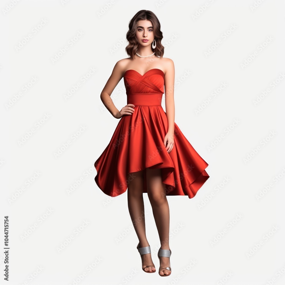 An Elegant and Captivating Model is Twirling Gracefully in a Stunning and Flowing Red Dress isolated on a white background An Elegant and Captivating Model is Twirling Gracefully in a Stunning and Flowing Red Dress isolated on a white background