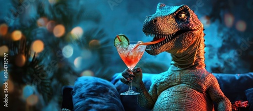 Fototapeta Naklejka Na Ścianę i Meble -  Dinosaur in celebration mode with a cocktail, ideal for party-themed ads.