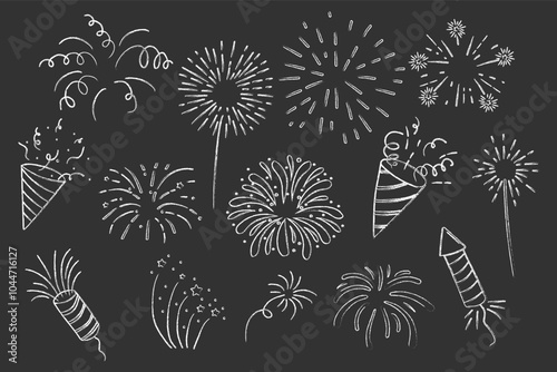 Fireworks and rocket, salute with burst, light and festive explosions chalk in doodle style. Hand drawn sparks, firecracker on white background. Party, celebrations, event.