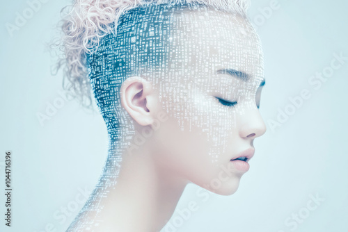 A serene woman with digital patterns accenting her face, symbolizing the fusion of human emotion with technological evolution.