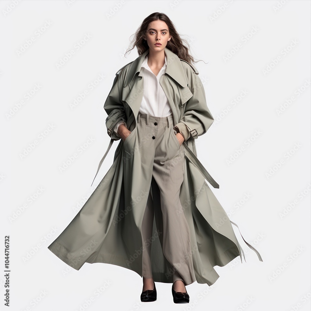 Chic model showcases a stylish beige trench coat paired perfectly with trendy boots Chic model showcases a stylish beige trench coat paired perfectly with trendy boots