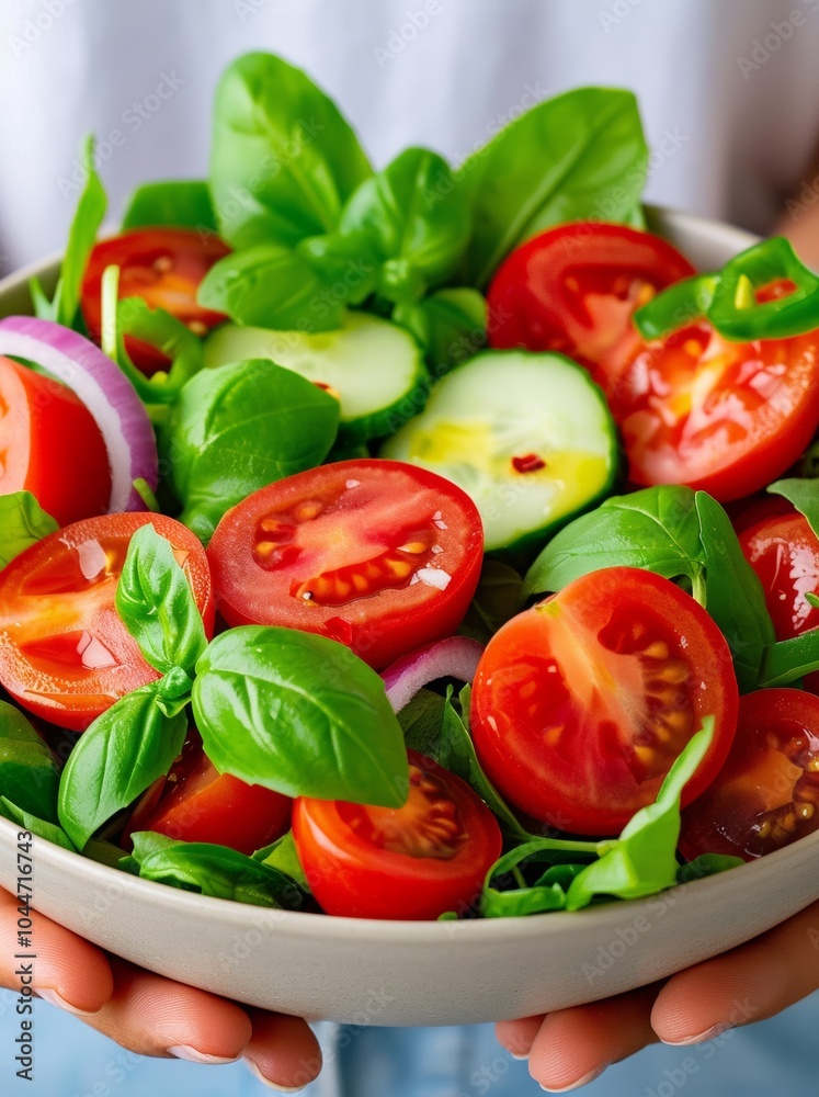 Fresh tomato, cucumber, and basil salad with red onion in a bowl. Fresh tomato, cucumber, and basil salad with red onion in a bowl.
