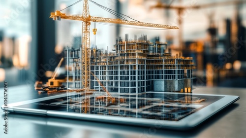 Fototapeta Naklejka Na Ścianę i Meble -  A digital construction model displayed on a tablet with a crane, illustrating modern architecture and technology in building design.