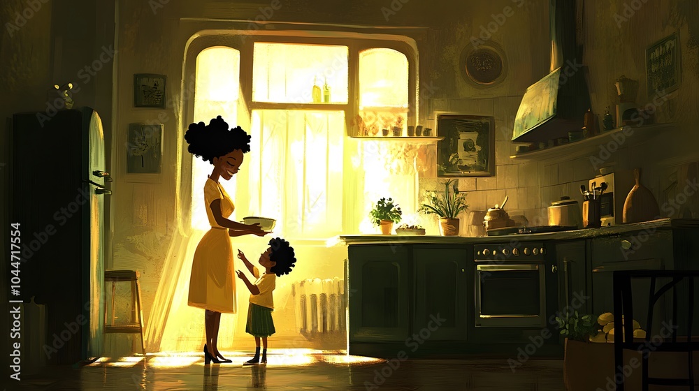 A Black mother and child enjoy a warm moment in a sunny kitchen.