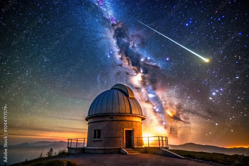 Tilted angle view of Perseid meteor shower above astronomical observatory Tilted angle view of Perseid meteor shower above astronomical observatory
