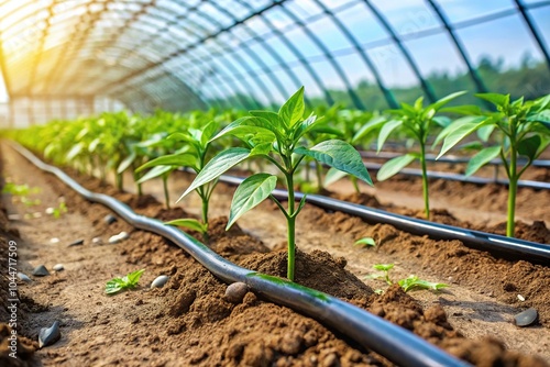 Tilted angle view of pepper seedlings being watered through drip irrigation system in greenhouse photo