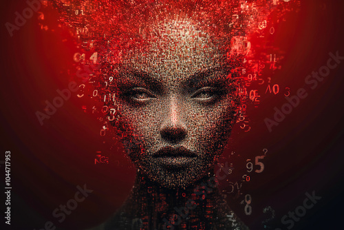 A striking digital portrait of a face composed with red hues and scattered numbers, exuding mystery and digital fusion.