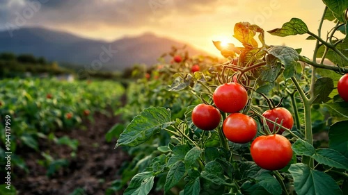 Ripe tomatoes hang on a vine in a field at sunset
