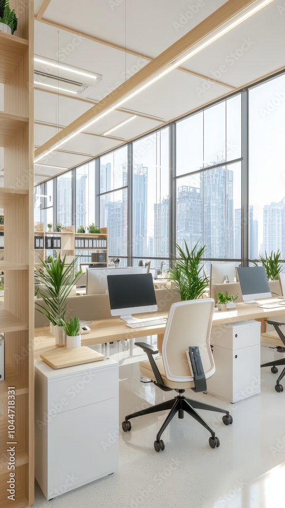 Bright and organized office space featuring open ergonomic desks for a productive work environment.