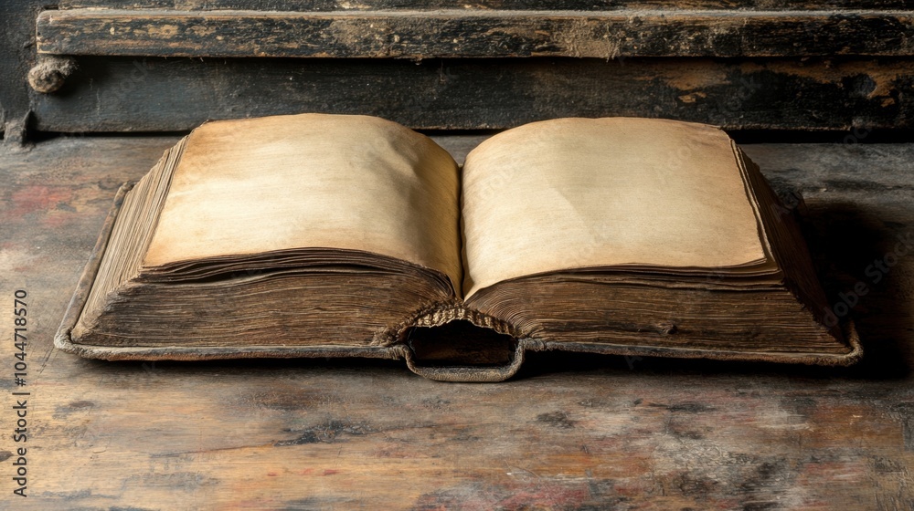 Obraz premium Hardcover book open on a rustic wooden desk, blank pages facing upward. A perfect dark academia scene, with rich textures and an intellectual, vintage atmosphere