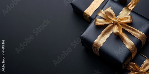 A stunning display of black gift boxes wrapped in gold ribbon against a dark background, evoking luxury, mystery, and sophistication for a stylish occasion.