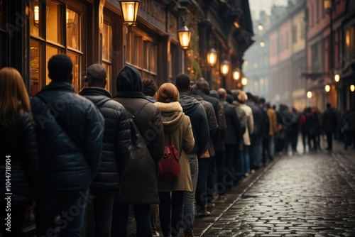 Long line of people waiting for opening stores. Black friday sale concept