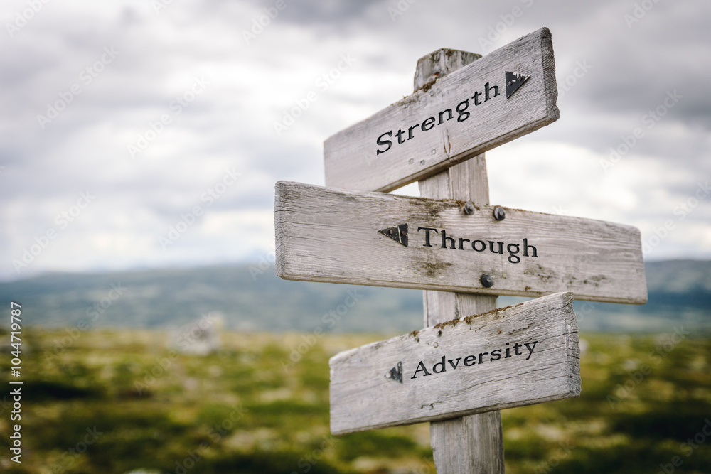 © Jon Anders Wiken - strength through adversity text quote written on wooden signpost at the crossroads outdoors in nature.