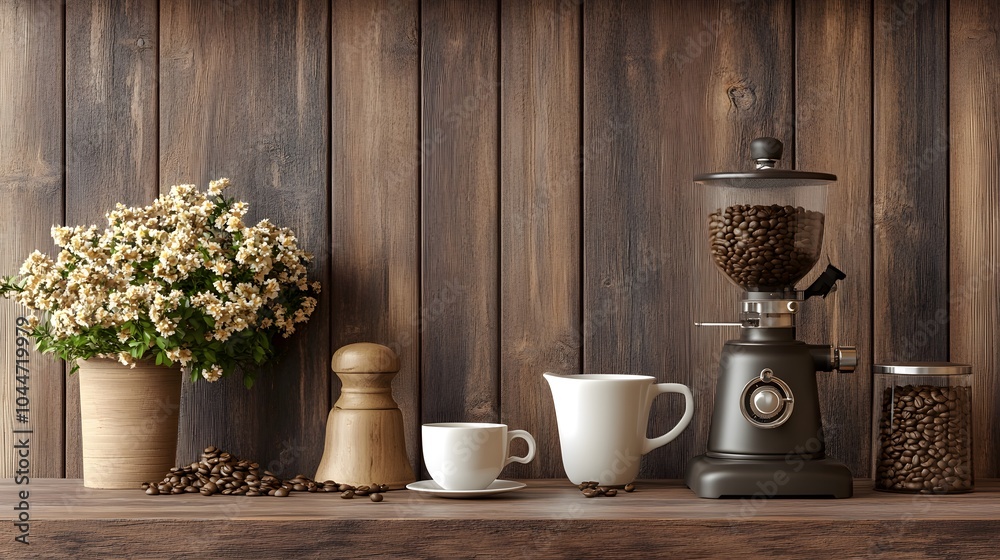 Cozy coffee setup with a grinder, cups, and fresh flowers on a rustic wooden shelf. Cozy coffee setup with a grinder, cups, and fresh flowers on a rustic wooden shelf.
