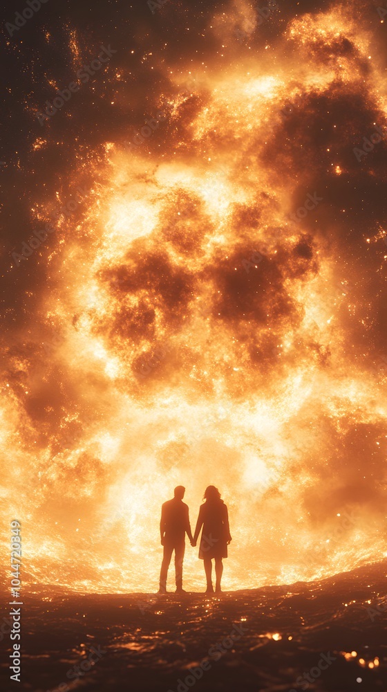 Fototapeta premium Silhouetted couple holding hands against a fiery backdrop, creating a dramatic scene.