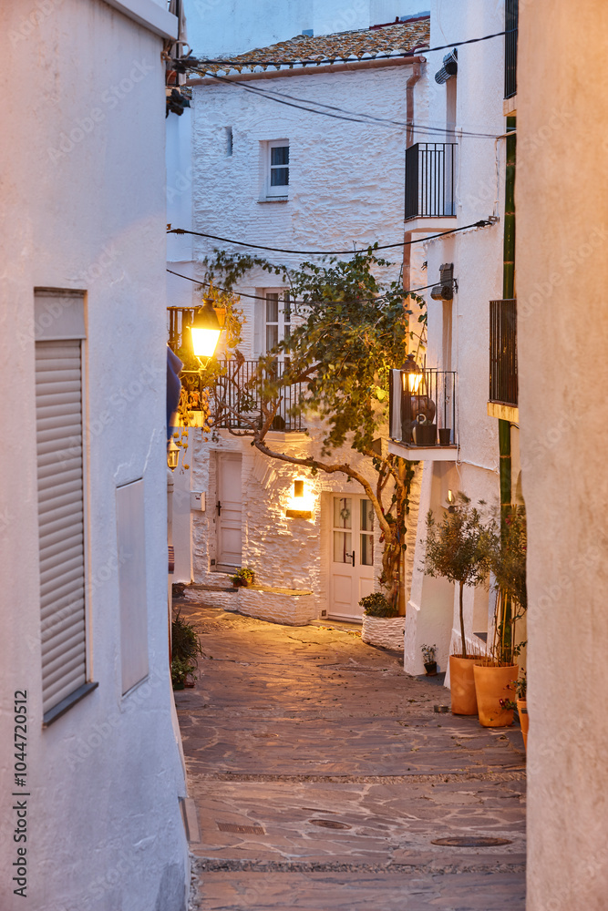 Narrow alley in Costa Brava. Cadaques village, Girona. Catalonia, Spain